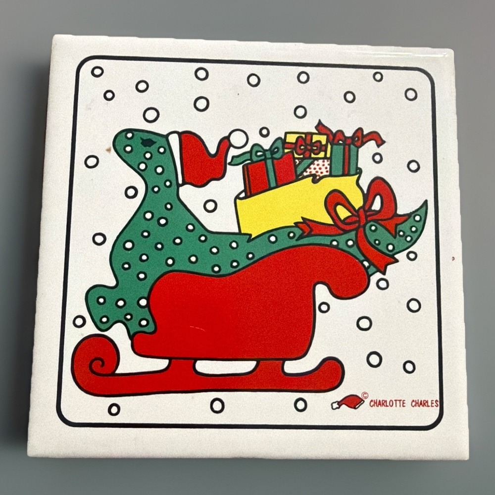 80s Ceramic Christmas Tile Charlotte Charles Green Dinosaur Sleigh Gifts Wood